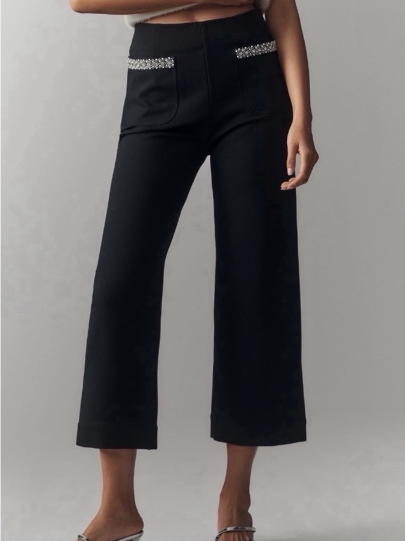 Nwt Maeve Colette Black Cropped Wide-Leg Pants W/ Crystal-Trim Pockets Size 26